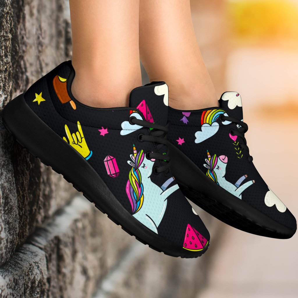 Black Girly Unicorn Pattern Print Sport Shoes GearFrost