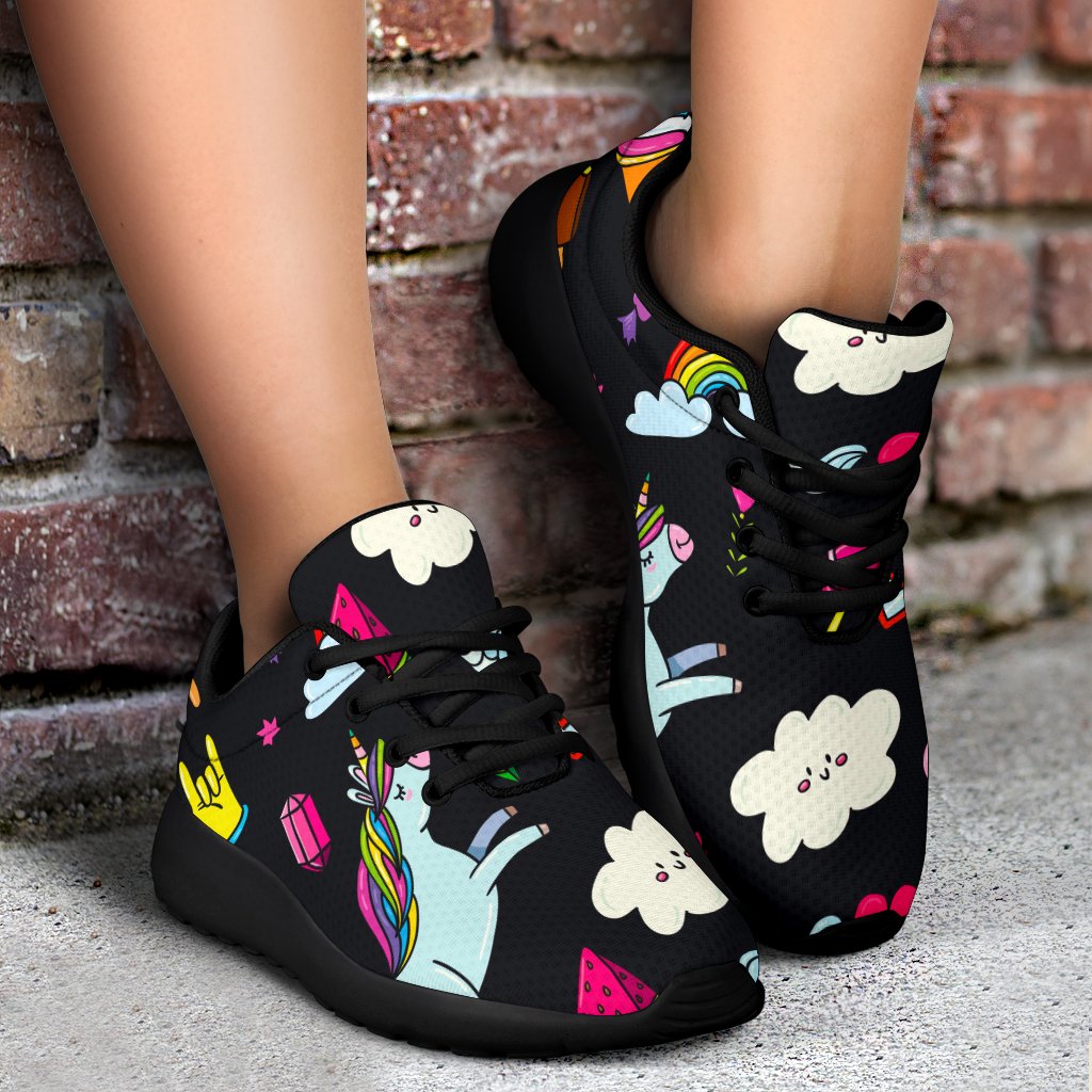 Black Girly Unicorn Pattern Print Sport Shoes GearFrost