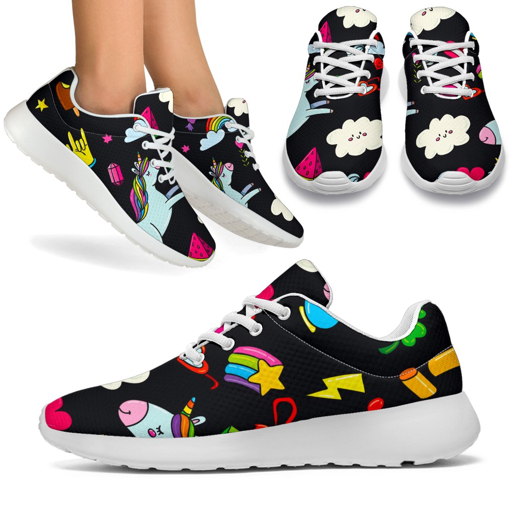 Black Girly Unicorn Pattern Print Sport Shoes GearFrost