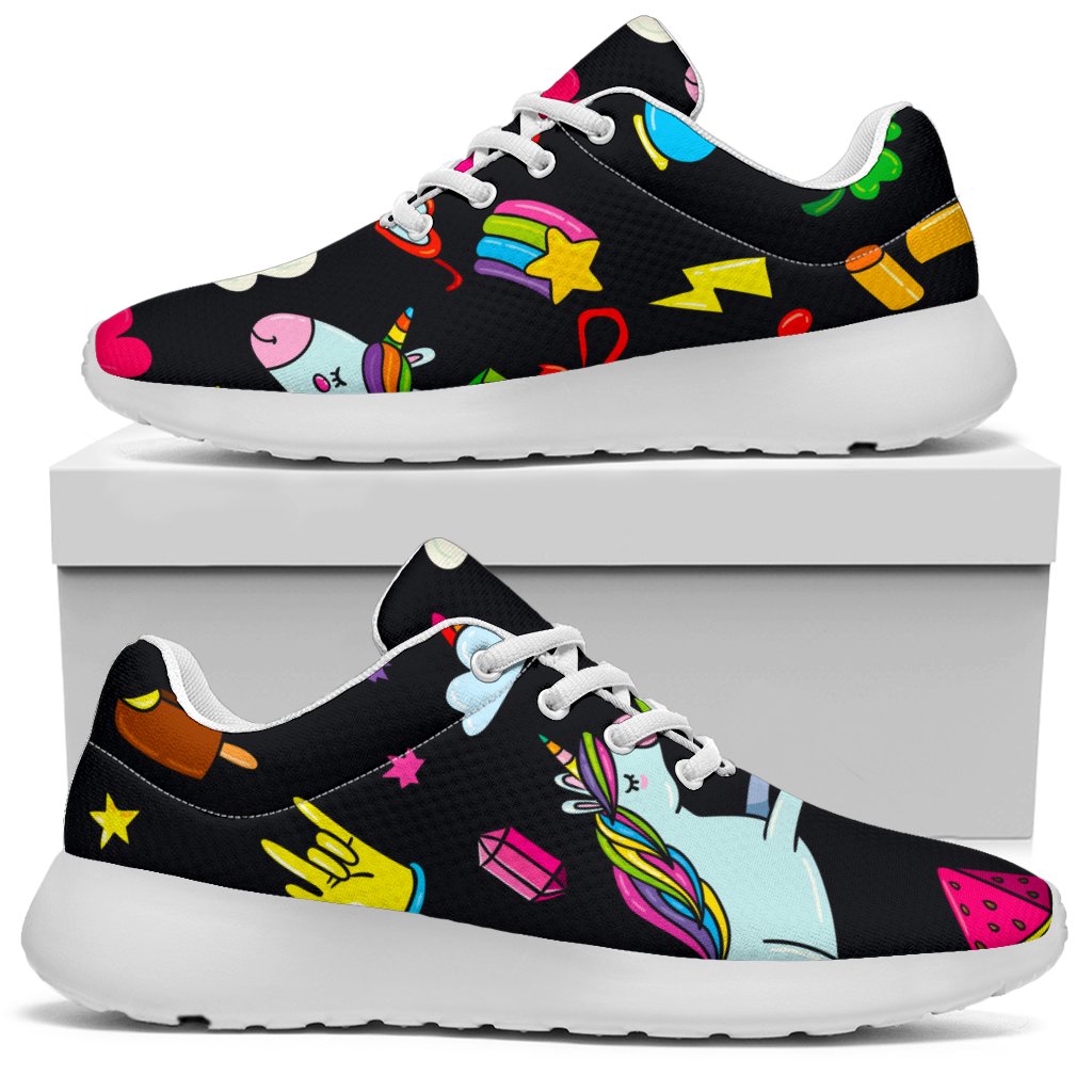 Black Girly Unicorn Pattern Print Sport Shoes GearFrost