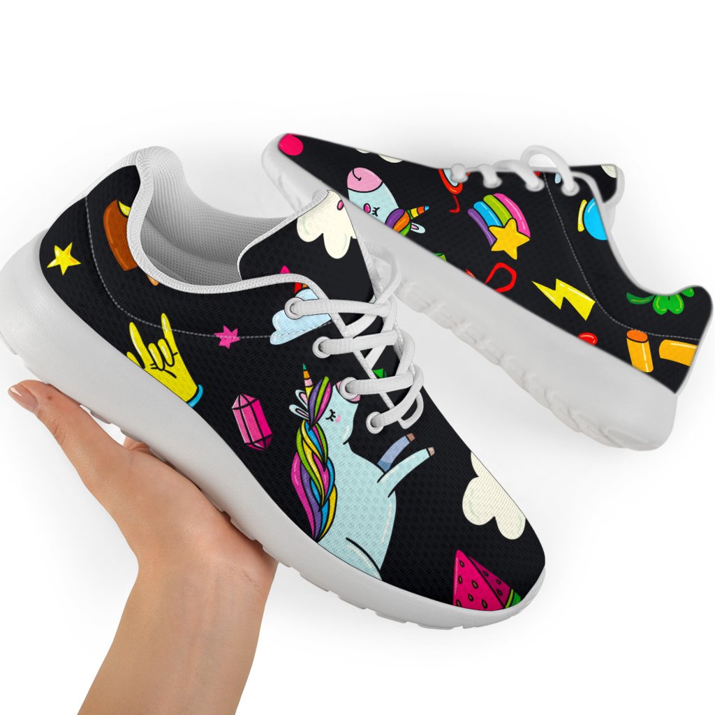 Black Girly Unicorn Pattern Print Sport Shoes GearFrost