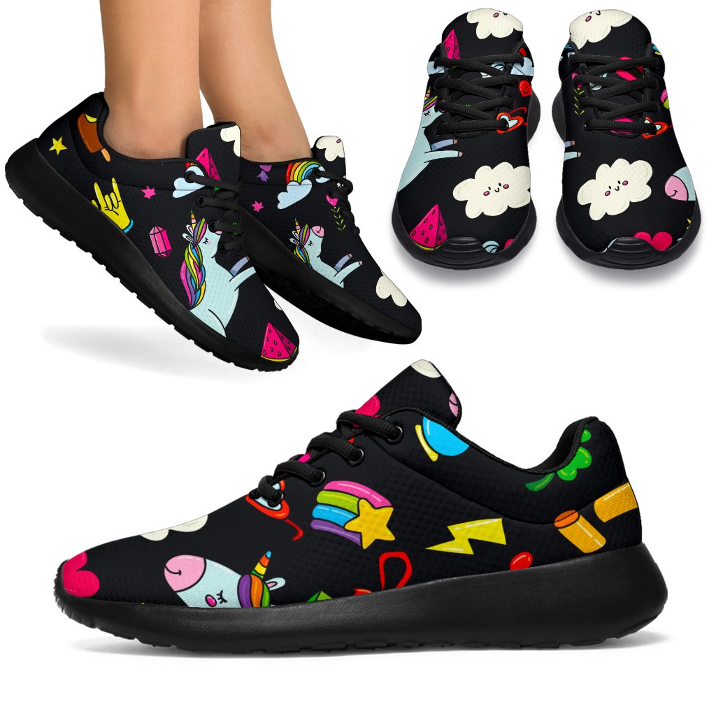 Black Girly Unicorn Pattern Print Sport Shoes GearFrost