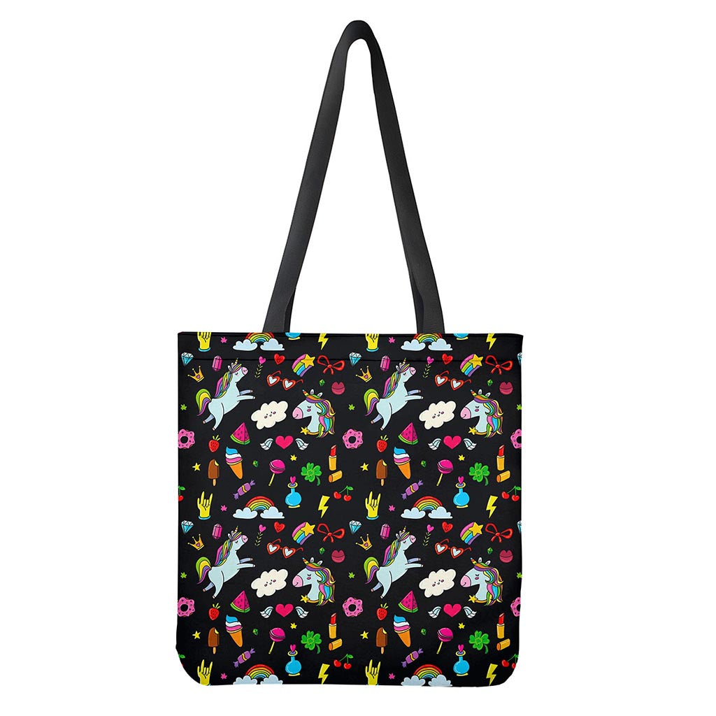 Black Girly Unicorn Pattern Print Tote Bag