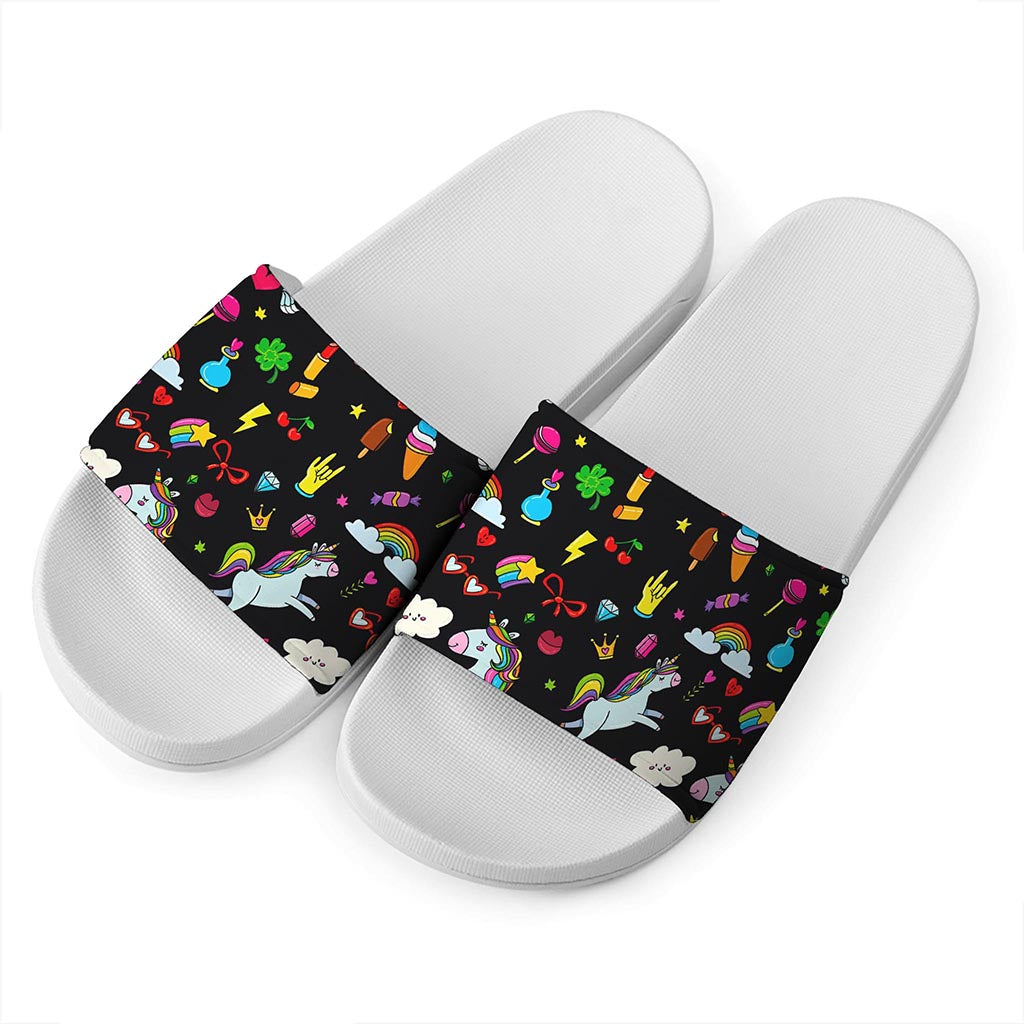 Black Girly Unicorn Pattern Print White Slide Sandals