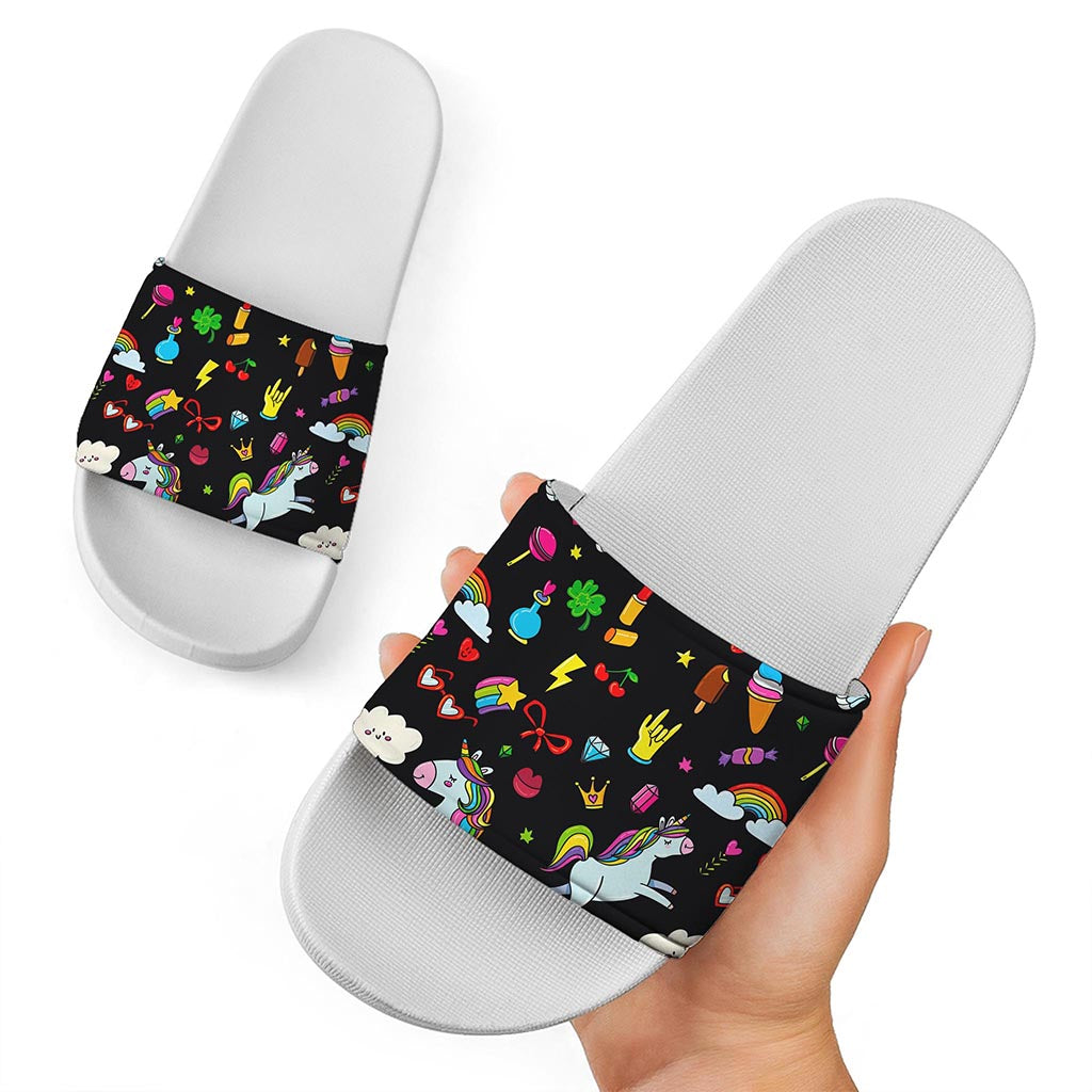 Black Girly Unicorn Pattern Print White Slide Sandals