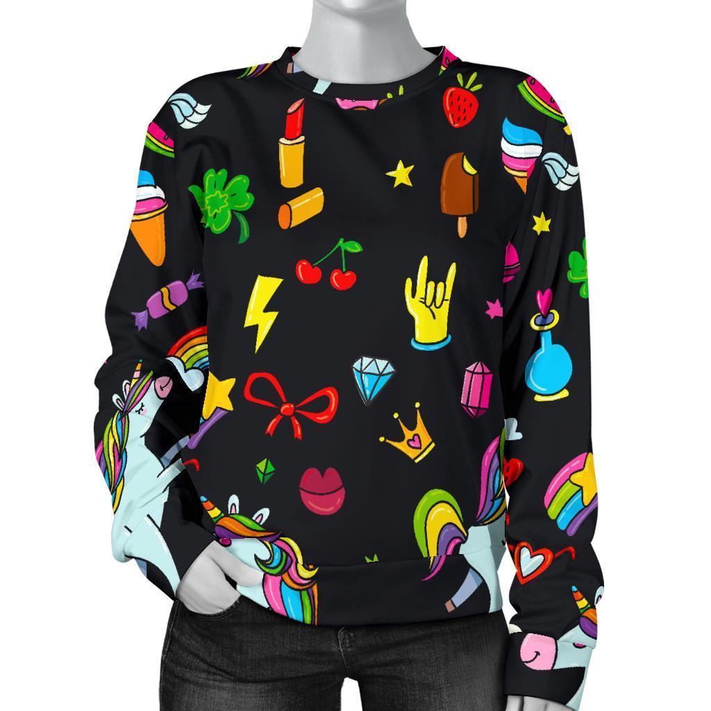 Black Girly Unicorn Pattern Print Women's Crewneck Sweatshirt GearFrost
