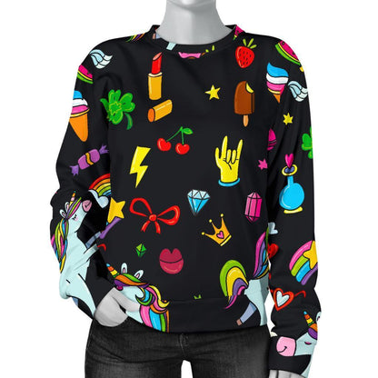 Black Girly Unicorn Pattern Print Women's Crewneck Sweatshirt GearFrost