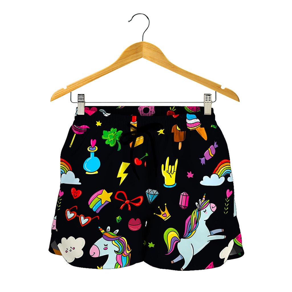 Black Girly Unicorn Pattern Print Women's Shorts