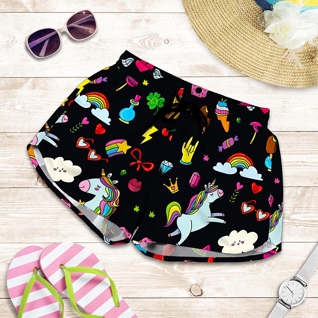 Black Girly Unicorn Pattern Print Women's Shorts