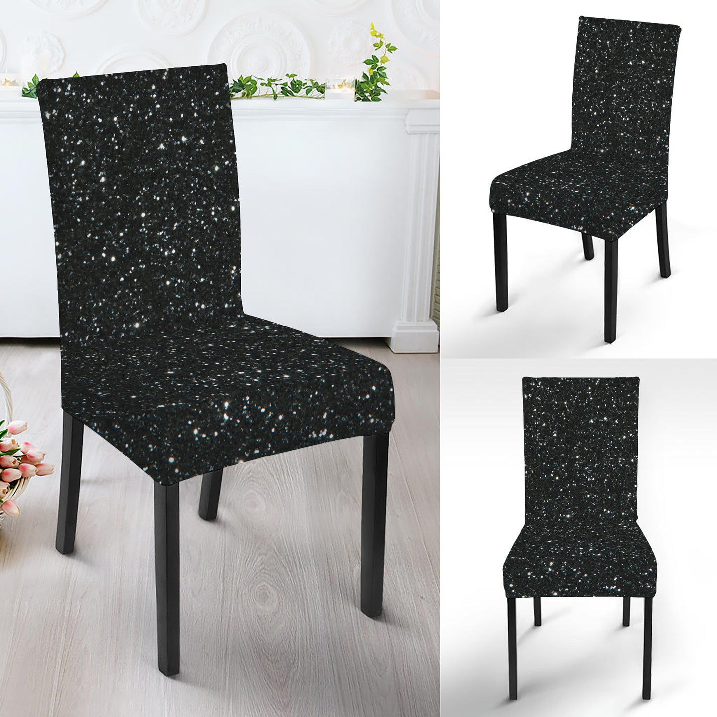 Black Glitter Artwork Print Dining Chair Slipcover