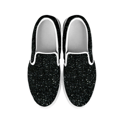 Black Glitter Texture Print White Slip On Shoes