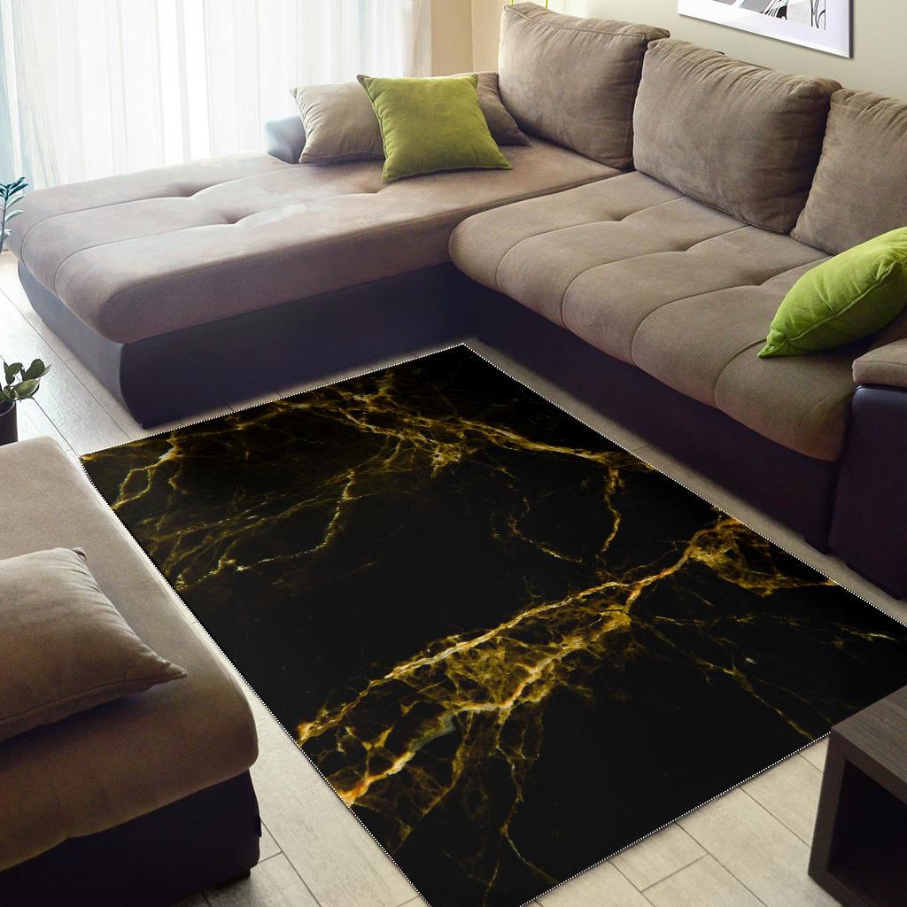 Black Gold Marble Print Area Rug GearFrost