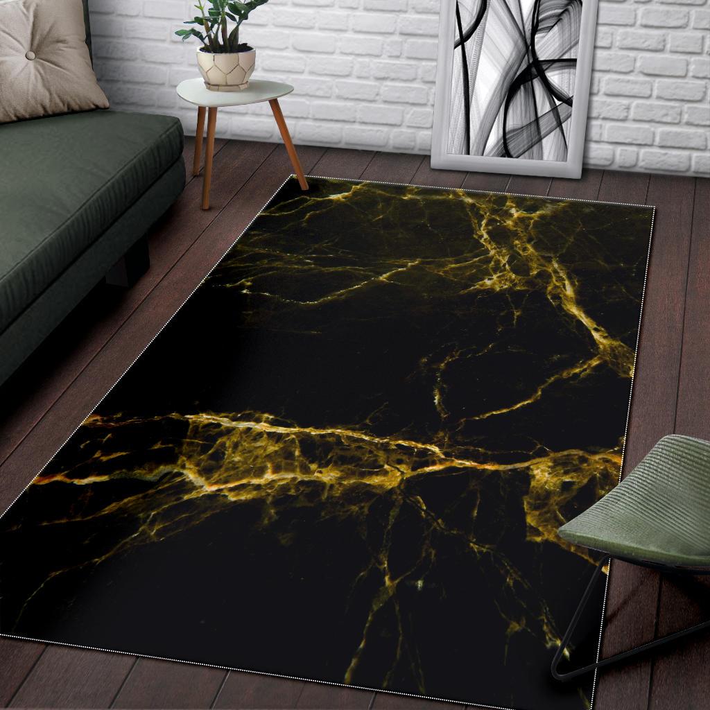 Black Gold Marble Print Area Rug GearFrost
