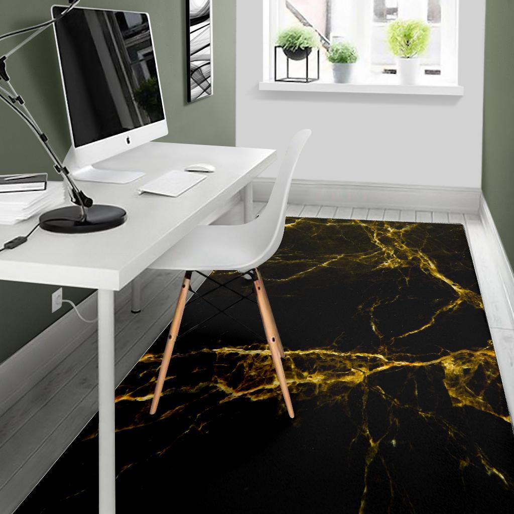 Black Gold Marble Print Area Rug GearFrost