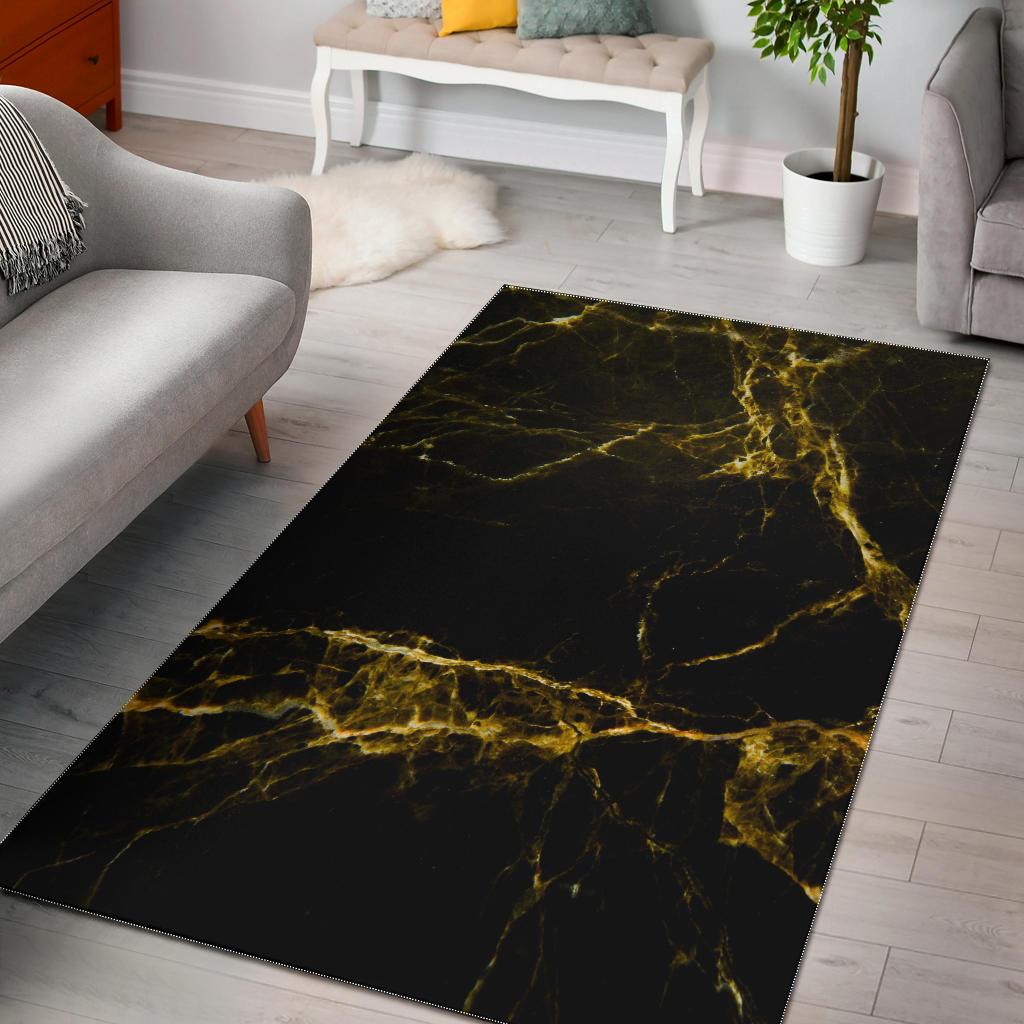 Black Gold Marble Print Area Rug GearFrost