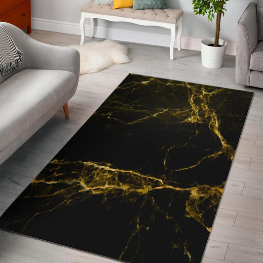 Black Gold Marble Print Area Rug GearFrost