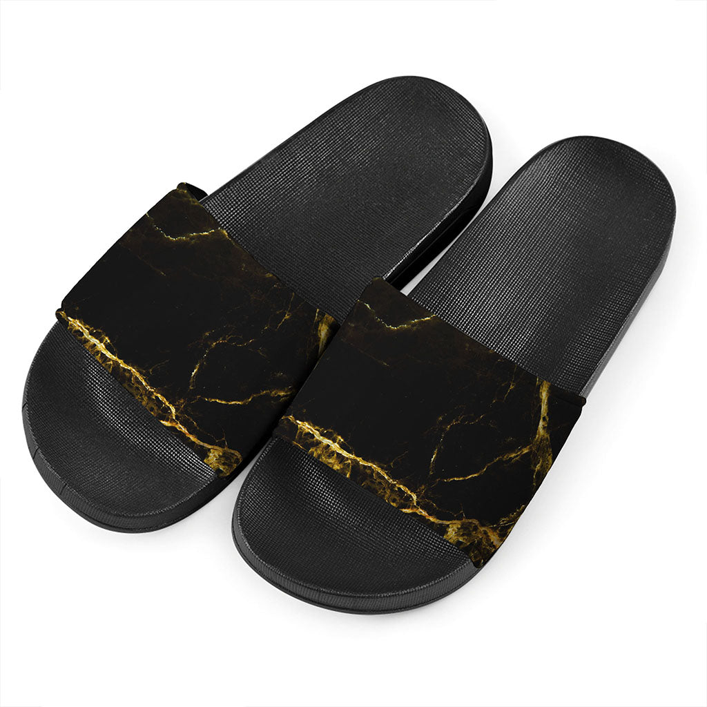 Black Gold Marble Print Black Slide Sandals