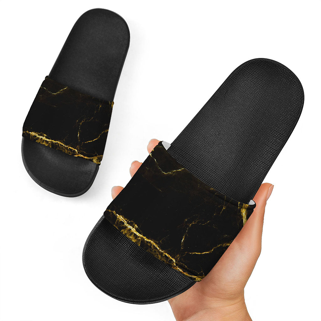 Black Gold Marble Print Black Slide Sandals