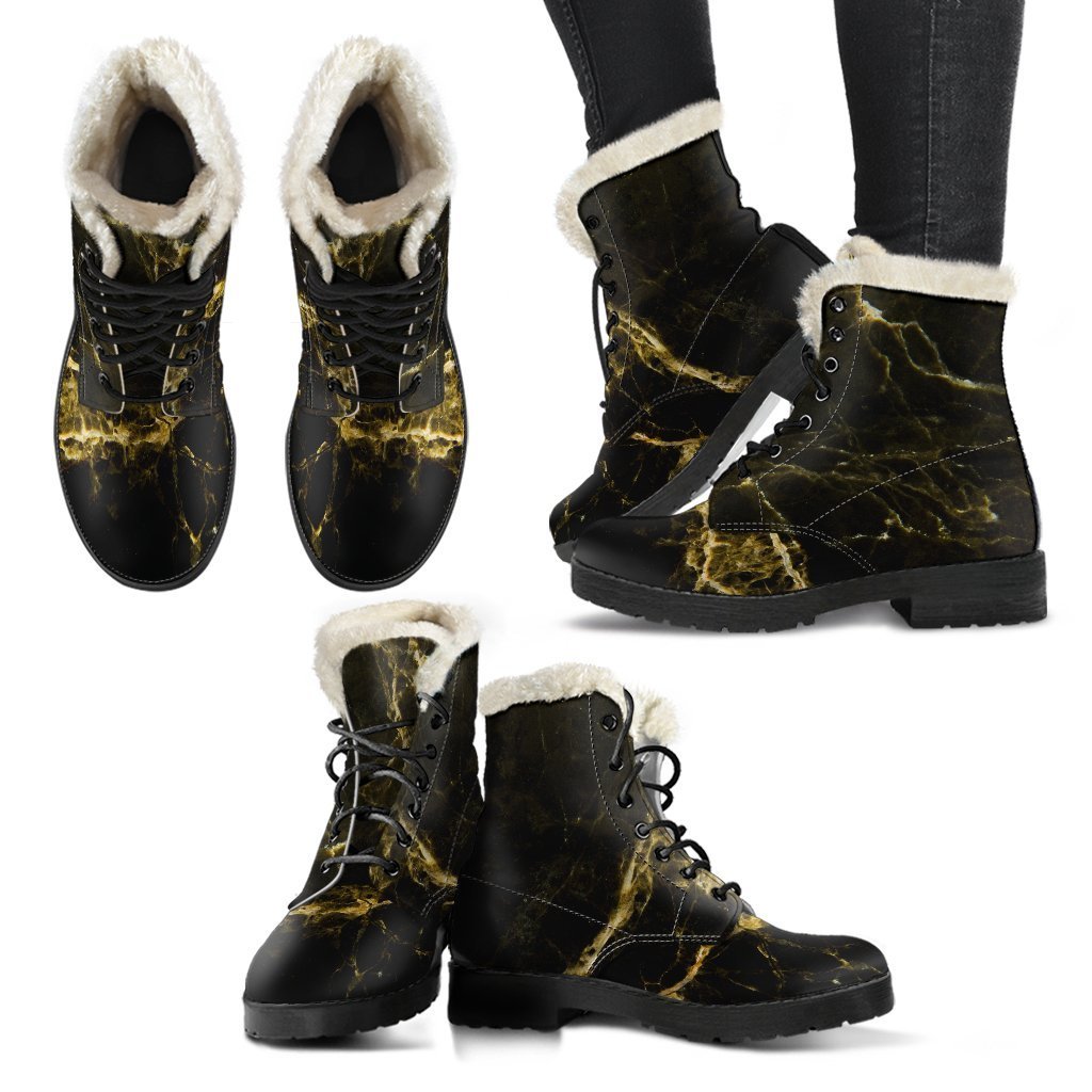 Black Gold Marble Print Comfy Boots GearFrost