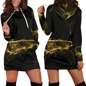 Black Gold Marble Print Hoodie Dress GearFrost