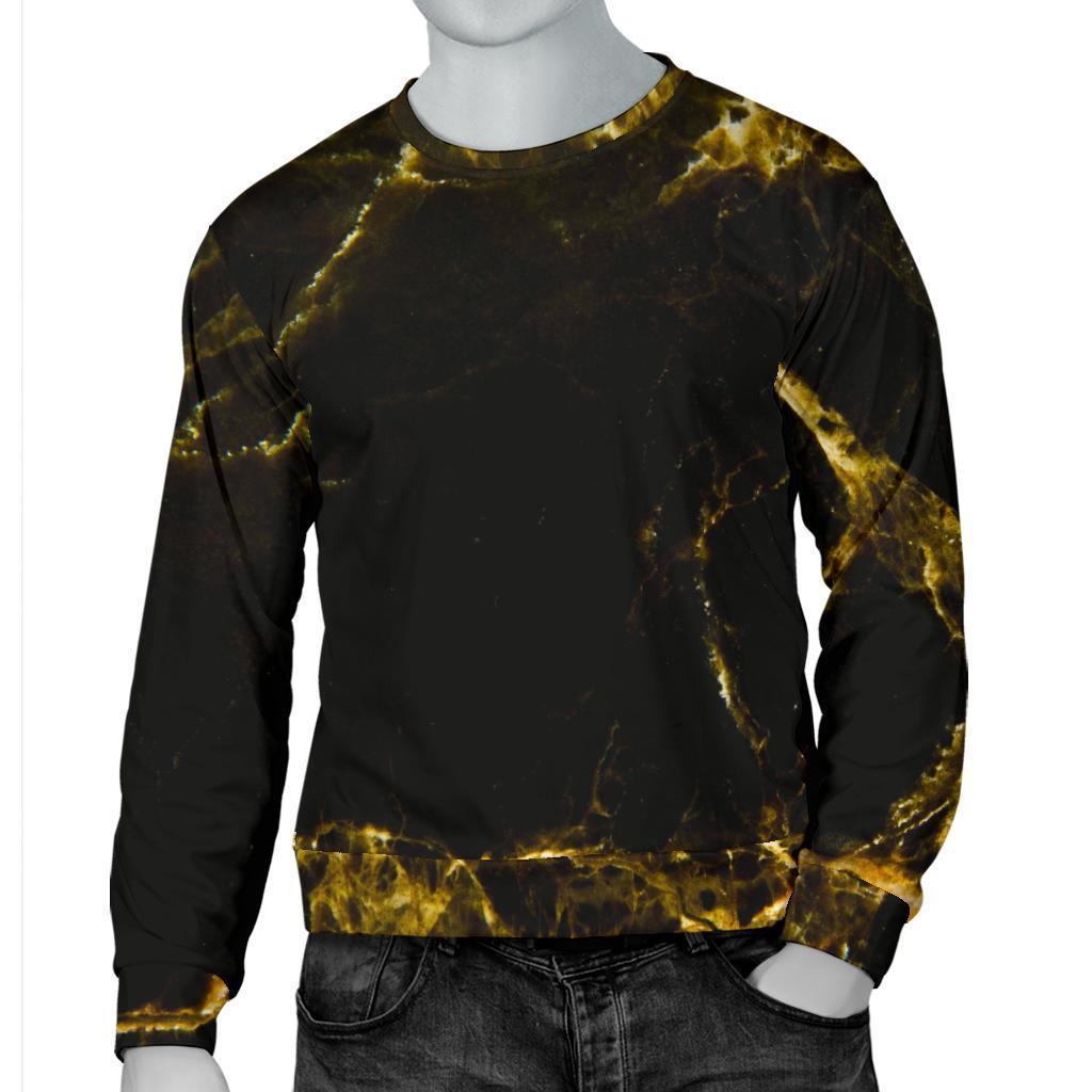 Black Gold Marble Print Men's Crewneck Sweatshirt GearFrost