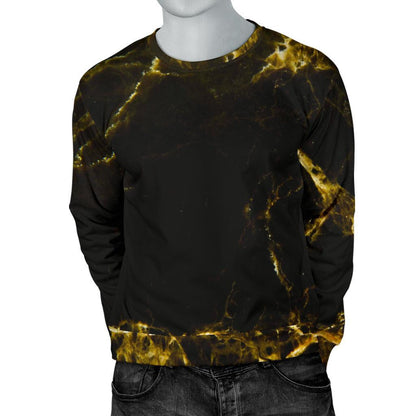 Black Gold Marble Print Men's Crewneck Sweatshirt GearFrost