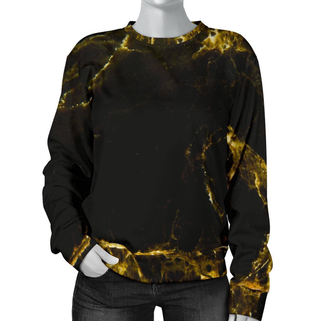 Black Gold Marble Print Women's Crewneck Sweatshirt GearFrost