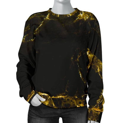 Black Gold Marble Print Women's Crewneck Sweatshirt GearFrost