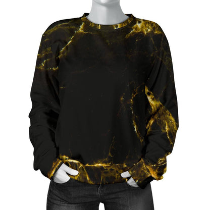 Black Gold Marble Print Women's Crewneck Sweatshirt GearFrost