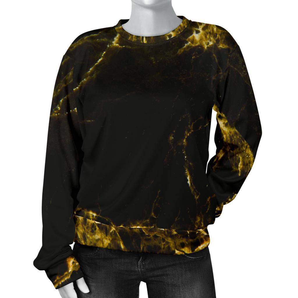 Black Gold Marble Print Women's Crewneck Sweatshirt GearFrost