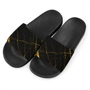 Black Gold Scratch Marble Print Black Slide Sandals
