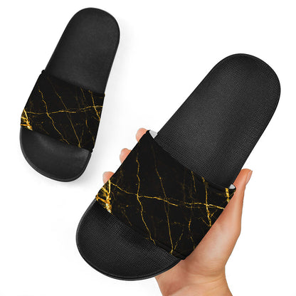 Black Gold Scratch Marble Print Black Slide Sandals