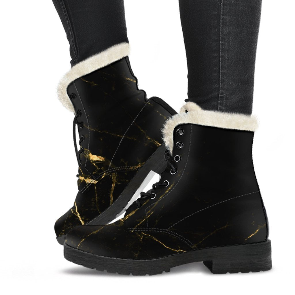 Black Gold Scratch Marble Print Comfy Boots GearFrost