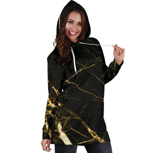 Black Gold Scratch Marble Print Hoodie Dress GearFrost