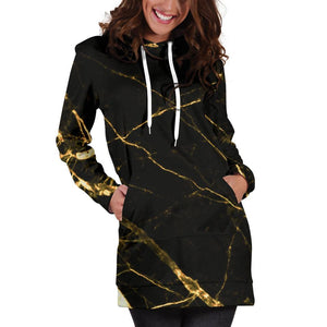 Black Gold Scratch Marble Print Hoodie Dress GearFrost