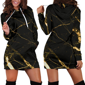 Black Gold Scratch Marble Print Hoodie Dress GearFrost