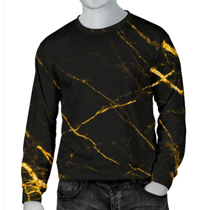 Black Gold Scratch Marble Print Men's Crewneck Sweatshirt GearFrost