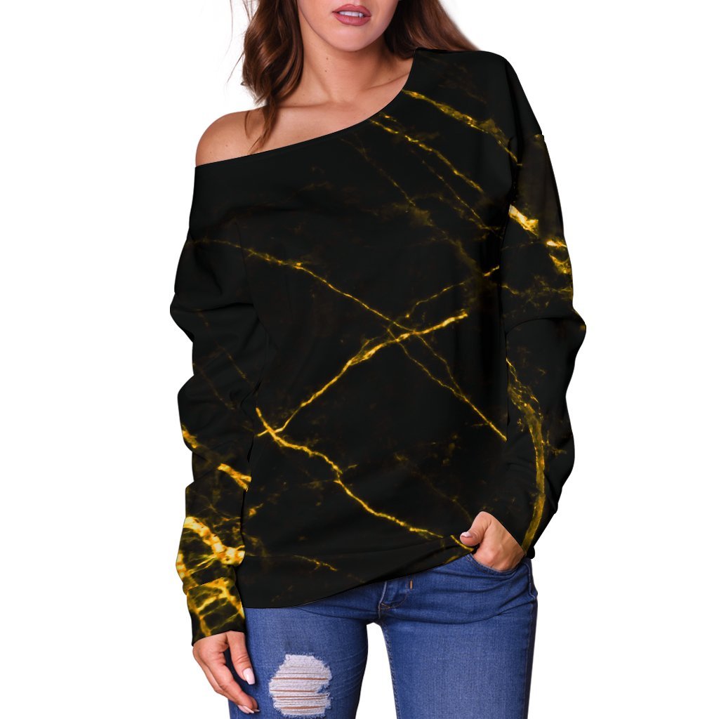 Black Gold Scratch Marble Print Off Shoulder Sweatshirt GearFrost