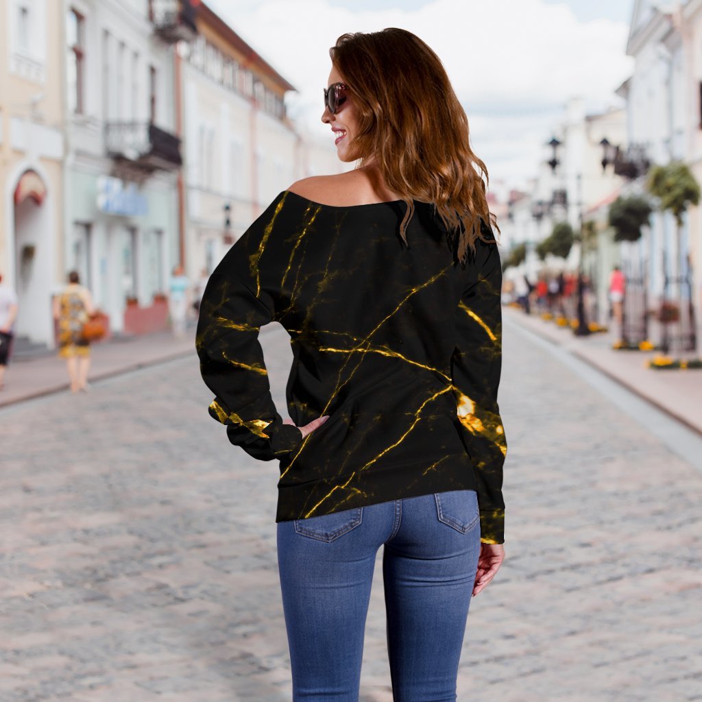 Black Gold Scratch Marble Print Off Shoulder Sweatshirt GearFrost