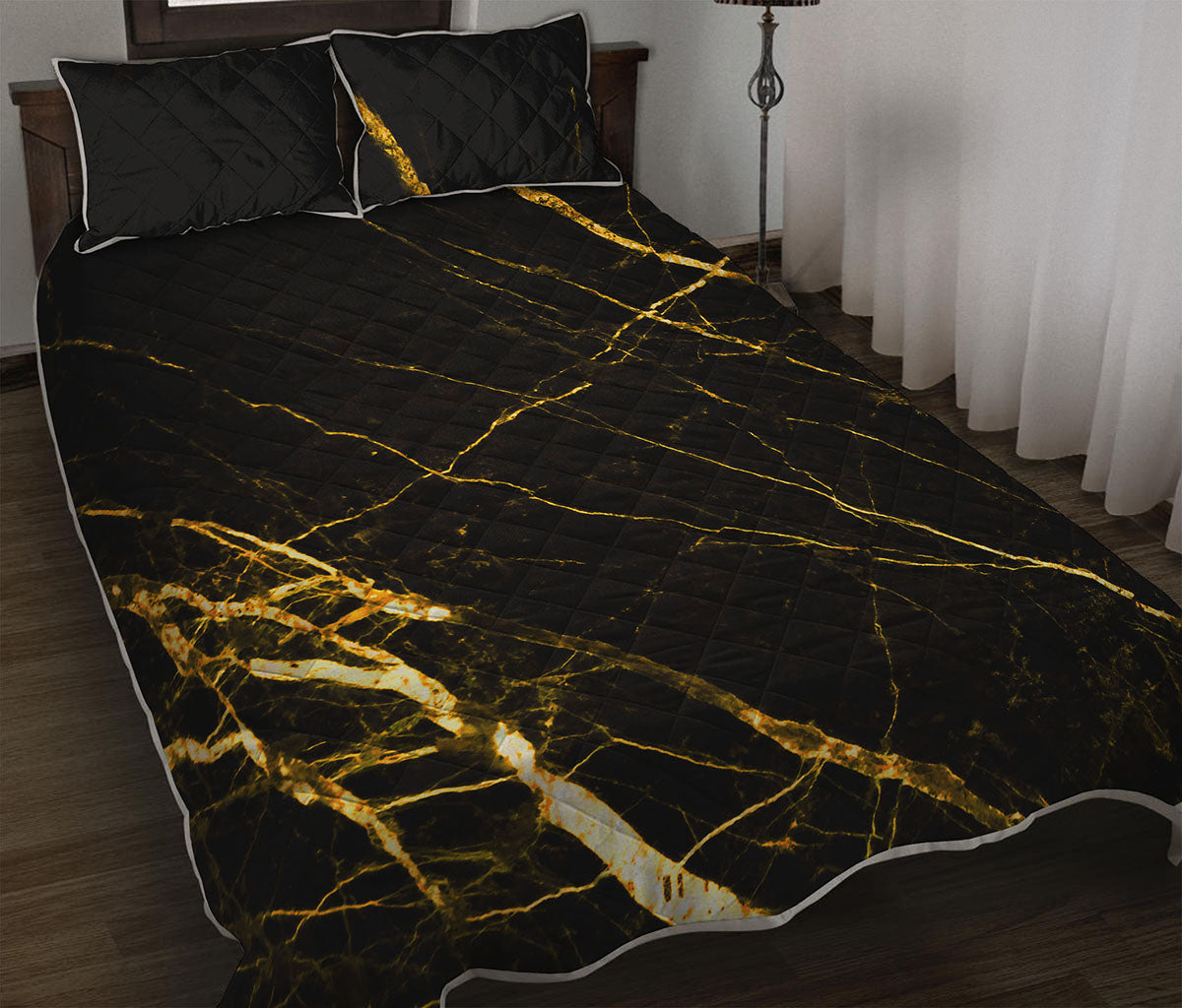 Black Gold Scratch Marble Print Quilt Bed Set