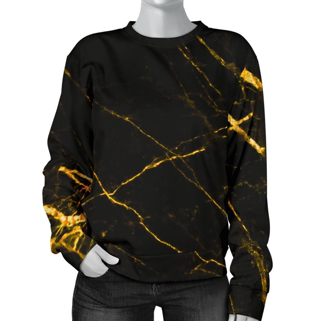 Black Gold Scratch Marble Print Women's Crewneck Sweatshirt GearFrost