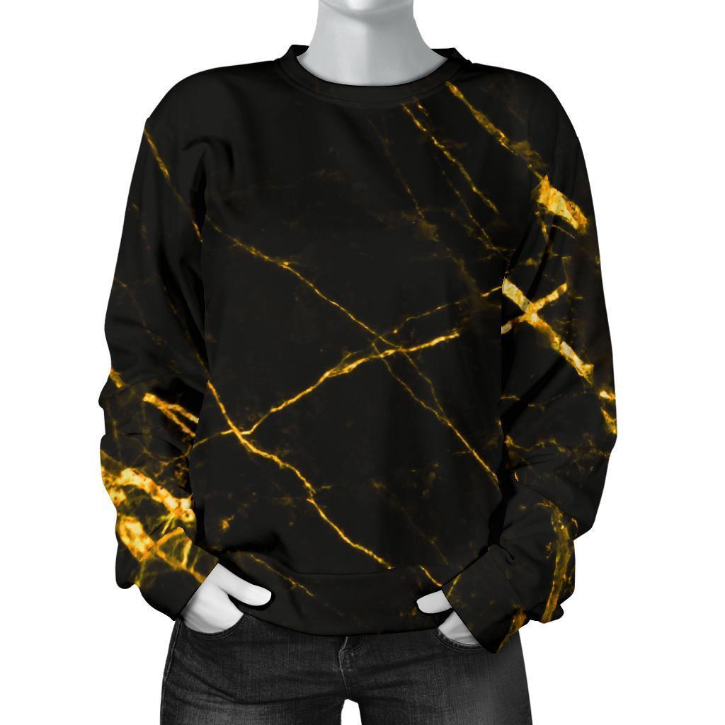 Black Gold Scratch Marble Print Women's Crewneck Sweatshirt GearFrost