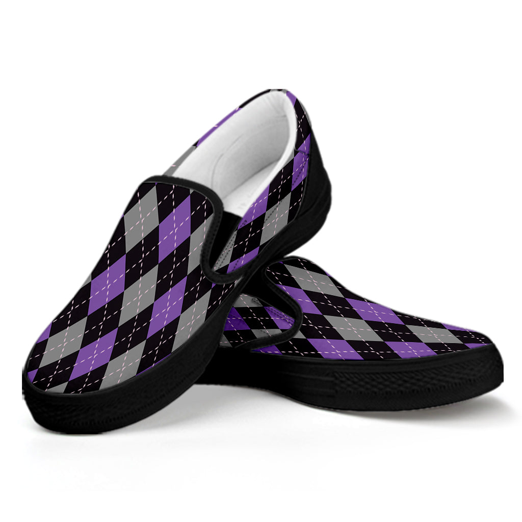 Black Grey And Purple Argyle Print Black Slip On Shoes