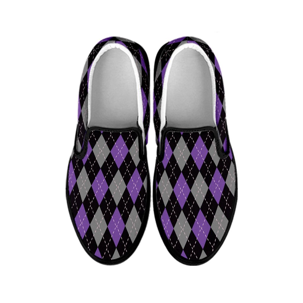 Black Grey And Purple Argyle Print Black Slip On Shoes