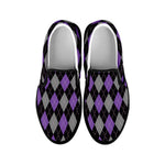 Black Grey And Purple Argyle Print Black Slip On Shoes