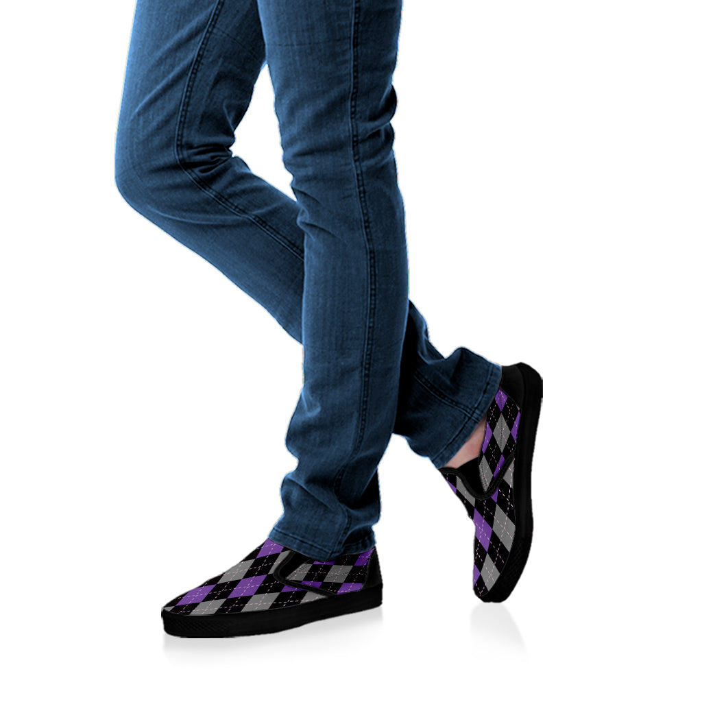 Black Grey And Purple Argyle Print Black Slip On Shoes