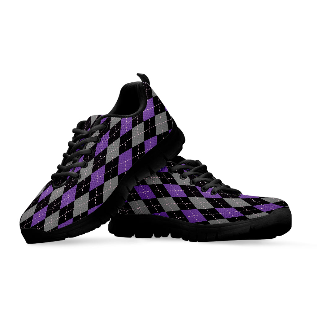 Black Grey And Purple Argyle Print Black Sneakers