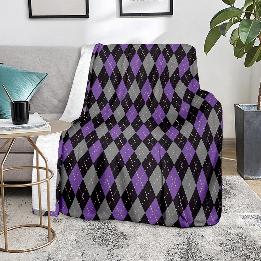 Black Grey And Purple Argyle Print Blanket