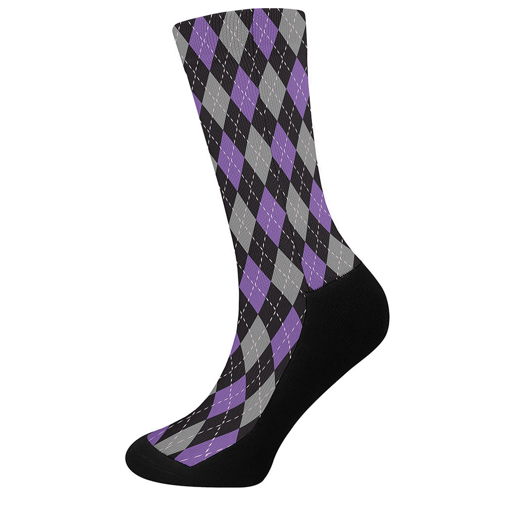 Black Grey And Purple Argyle Print Crew Socks