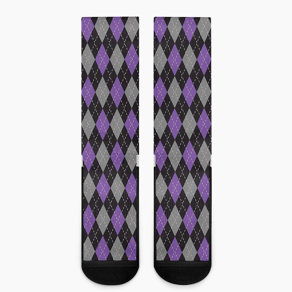 Black Grey And Purple Argyle Print Crew Socks